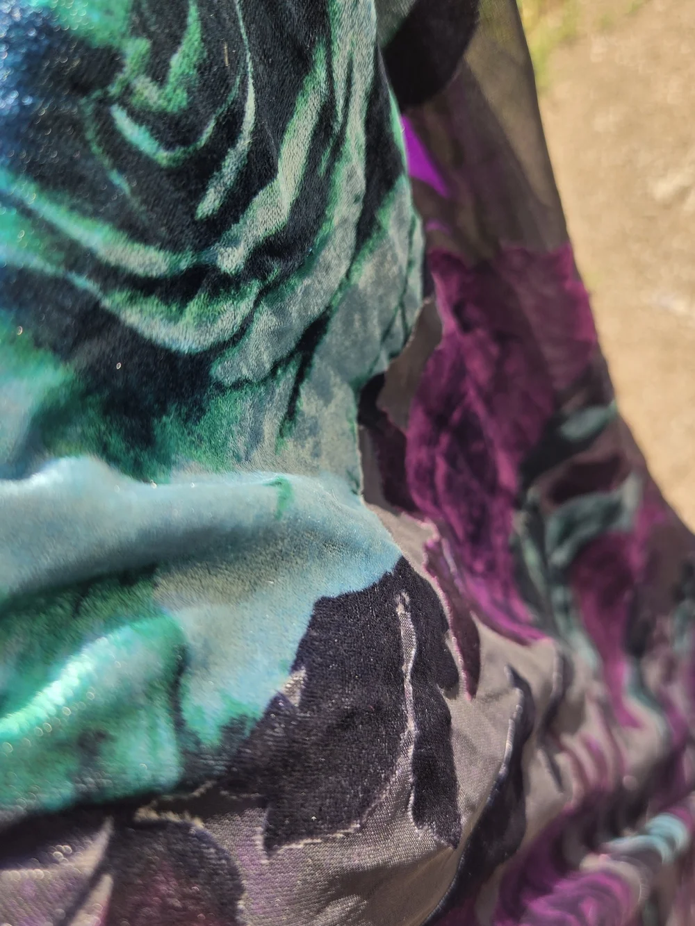 Velvet Floral Print Scarf in Teal and Purple 19× 69